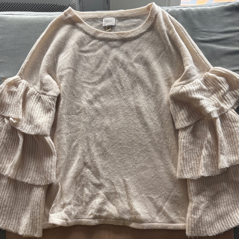 Cupio Beige Ruffled Sleeve Sweatshirt